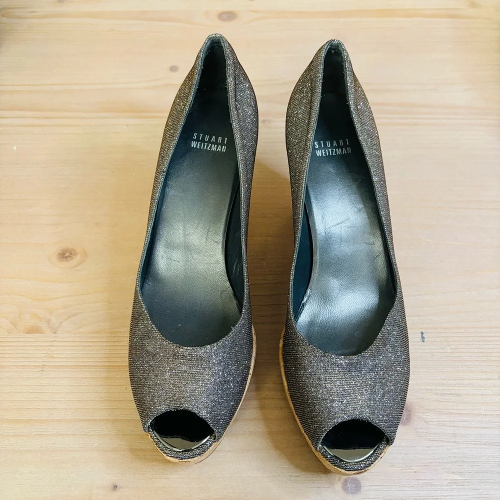Stuart Weitzman Metallic Brown Wedge Peep-Toe Shoes‎ Size 10 Cork Platform Heels